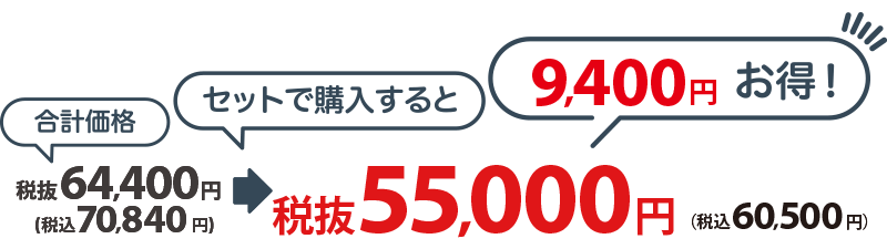 セット合計価格 税抜64,400円(税込70,840円) セットで購入すると税抜55,000円 (税込60,500円) 9,400円お得！